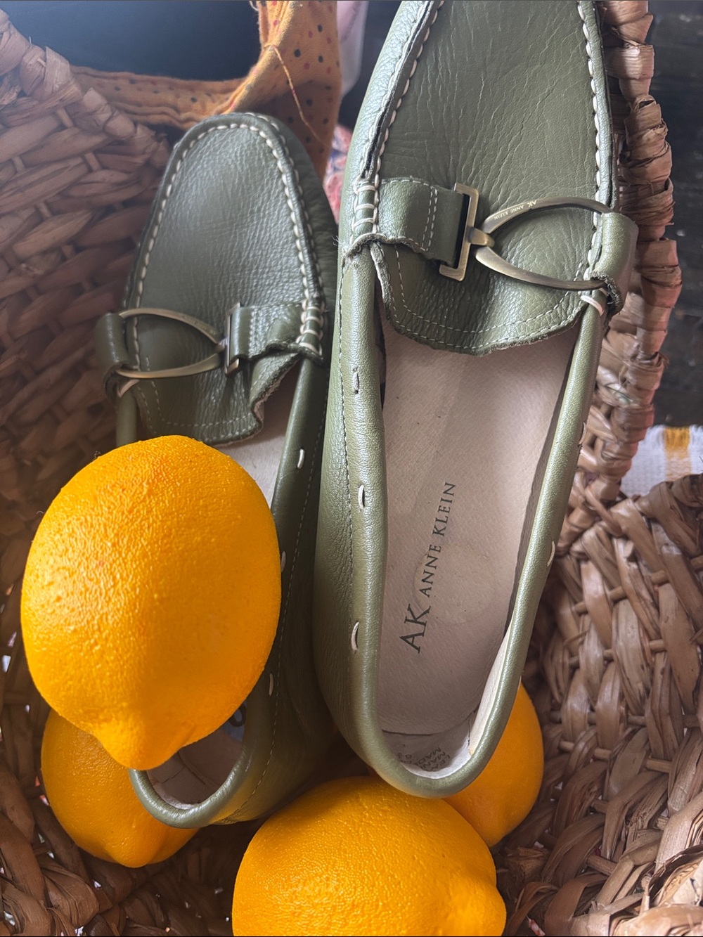 Anne Klein Olive Green Leather Bit-Detail Loafers